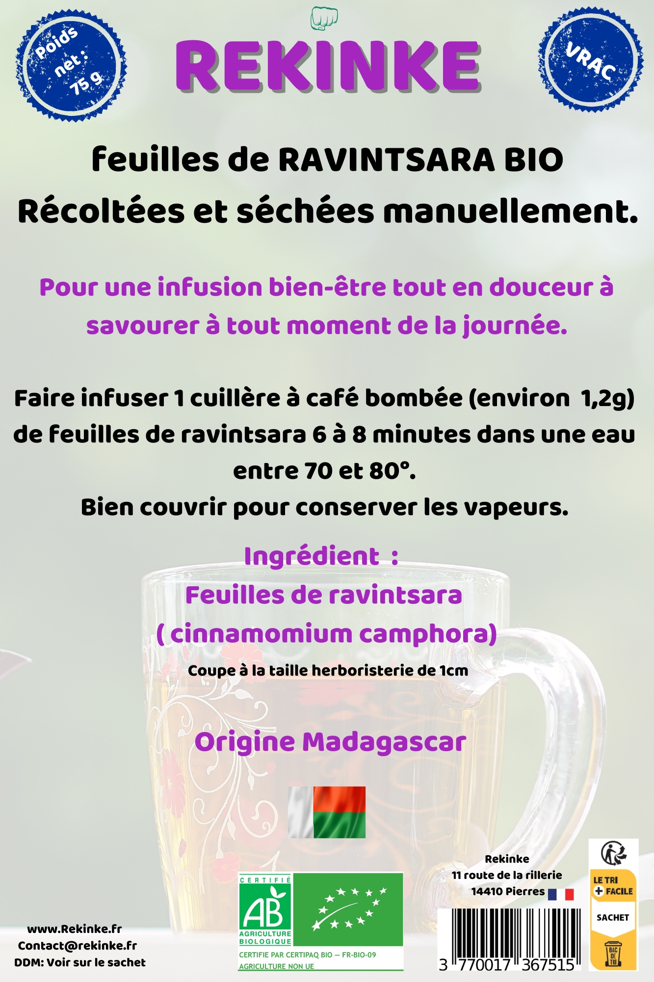 Ravintsara feuilles en vrac pour infusion 75g REKINKE BIO