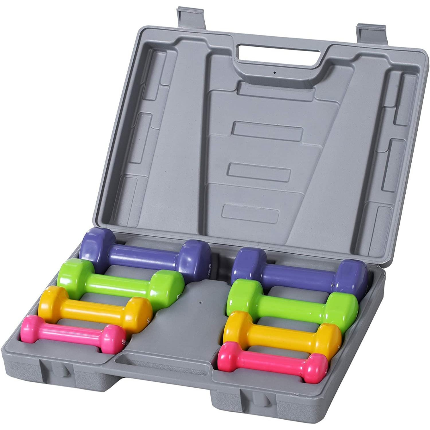 TEMU Bakaji Set Of 8 Gym Dumbbells With Case (2x0.5kg + 2x1kg + 2x1.5kg + 2x2kg), Fitness Weights With Foam Coating, Ergonomic, Anti-rust, Anti-slip,