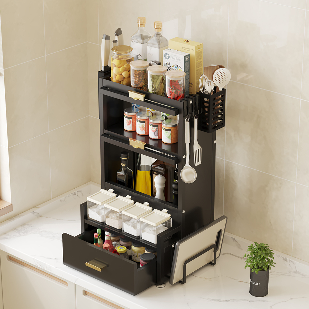 Image of Bakaji Space- Metal Sideboard With Spice Rack, All-purpose Organizer Shelving Unit Featuring Double Transparent Display Cabinet For Kitchen, Non-slip Base, And Drawer, 41 X 28 X 70 Cm