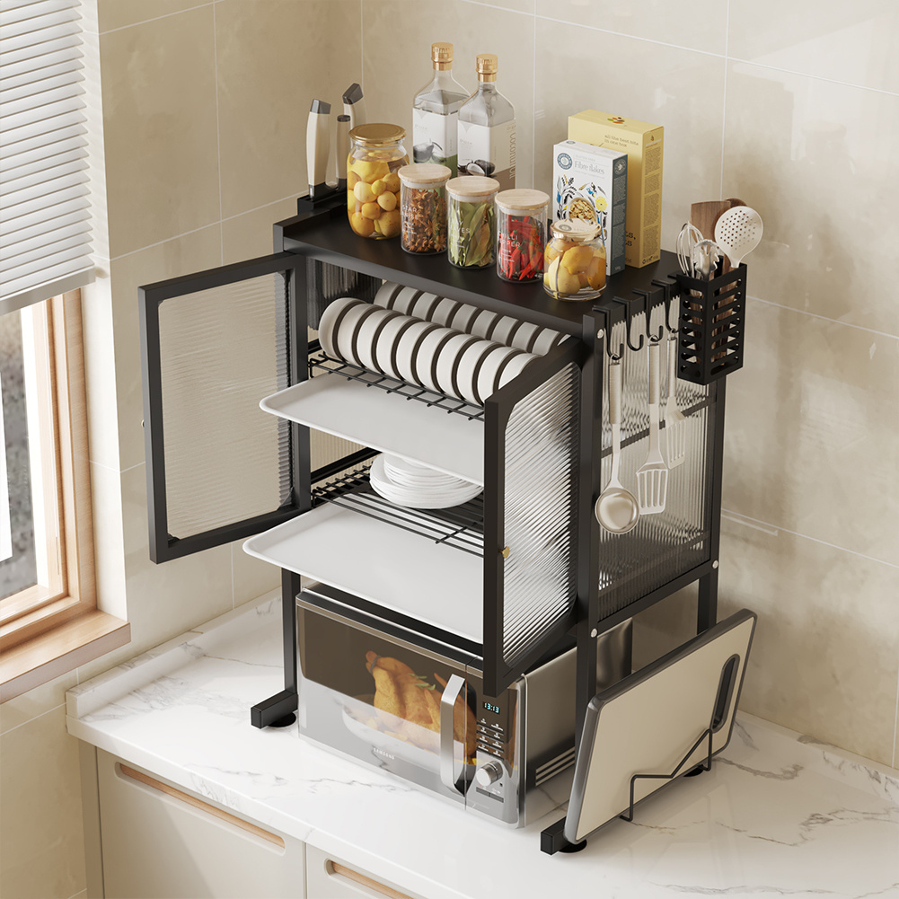 Image of Bakaji Microwave 2-tier Shelf With Dish Rack, Metal - Microwave Cabinet With Transparent Glass Door, Anti-slip Base, 2 Internal Shelves, 57 X 37 X 76 Cm