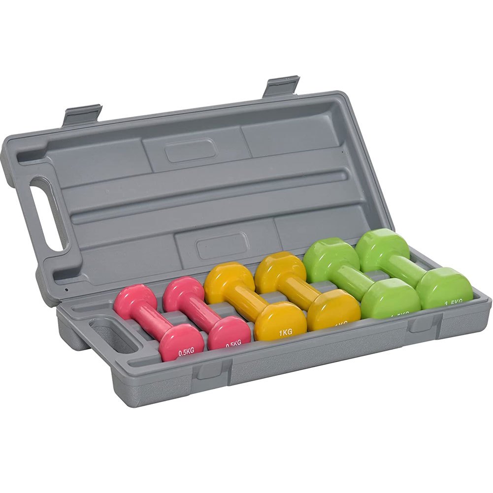 BAKAJI Set Dumbbells met Case (2X0.5Kg + 2X1Kg + 2X1.5Kg), Fitness Gewichten met Foam Coating, Ergonomisch, Anti-Roest, Anti-Slip, Fysiotherapie, Training
