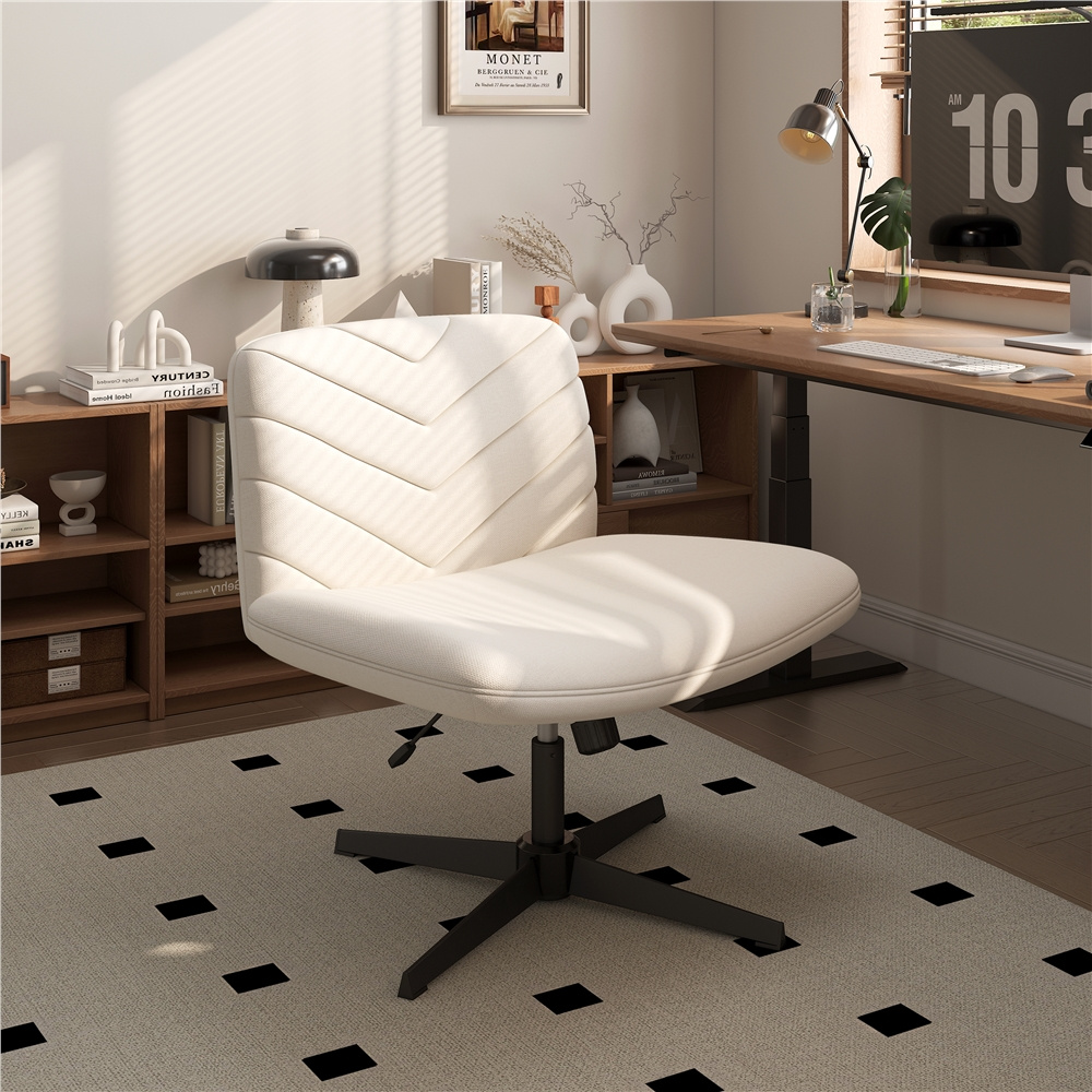 Fizzin Breiter Bürostuhl, Gepolsterter Schreibtischstuhl Drehbarer Home Office Stuhl 125° Wippfunktion Ergonomischer Computerstuhl, Lesesessel Mit Breiterem Kissen Zum Sitzen Im Schneidersitz (White