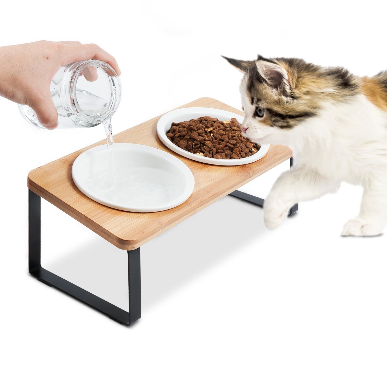 E-shop Erhöhte Katzen-Keramiknäpfe, 2 erhöhte Futternäpfe, 15° geneigte orthopädische Fressnäpfe, Haustiernäpfe aus massivem Bambus, Metallständer,