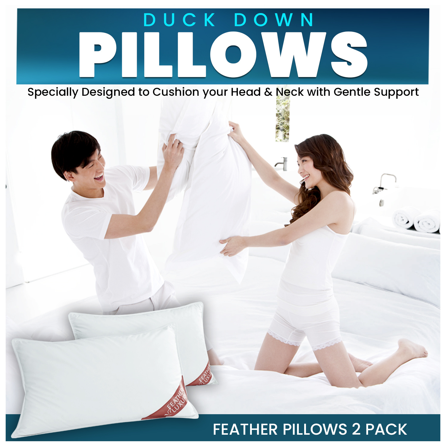 GC GAVENO CAVAILIA Luxury Duck Feather Pillow Pair | 85% Feather 15% Down | Extra Soft & Breathable | Machine Washable | Pack of 2 | White