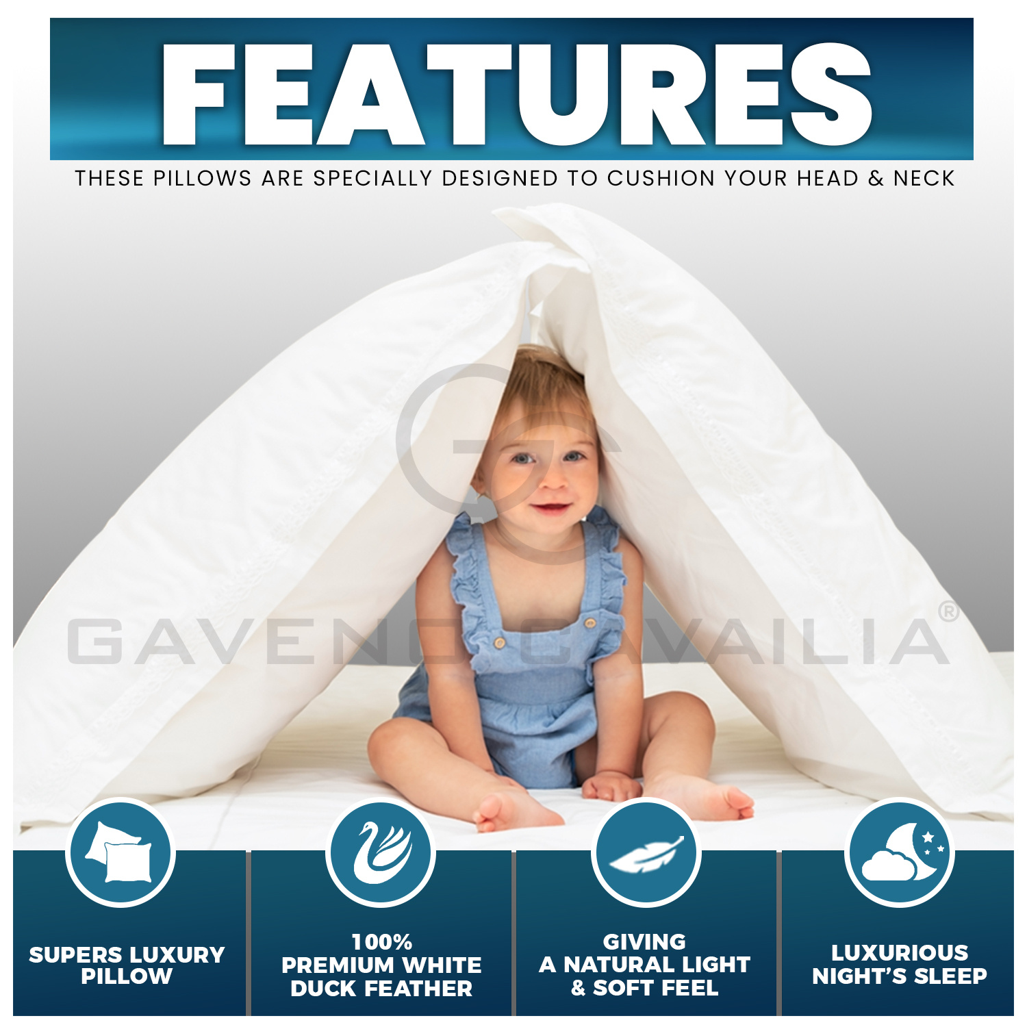 GC GAVENO CAVAILIA Luxury Duck Feather Pillow Pair | 85% Feather 15% Down | Extra Soft & Breathable | Machine Washable | Pack of 2 | White