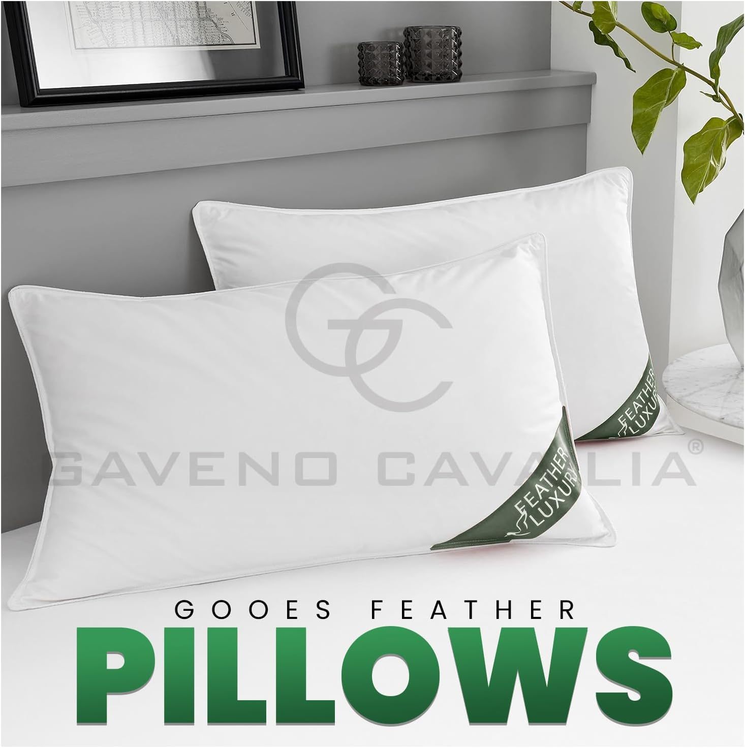 GC GAVENO CAVAILIA Luxury Goose Feather Pillow Pair | 90% Feather 10% Down | Ultra-Soft & Supportive | Machine Washable | Pack of 2 | White