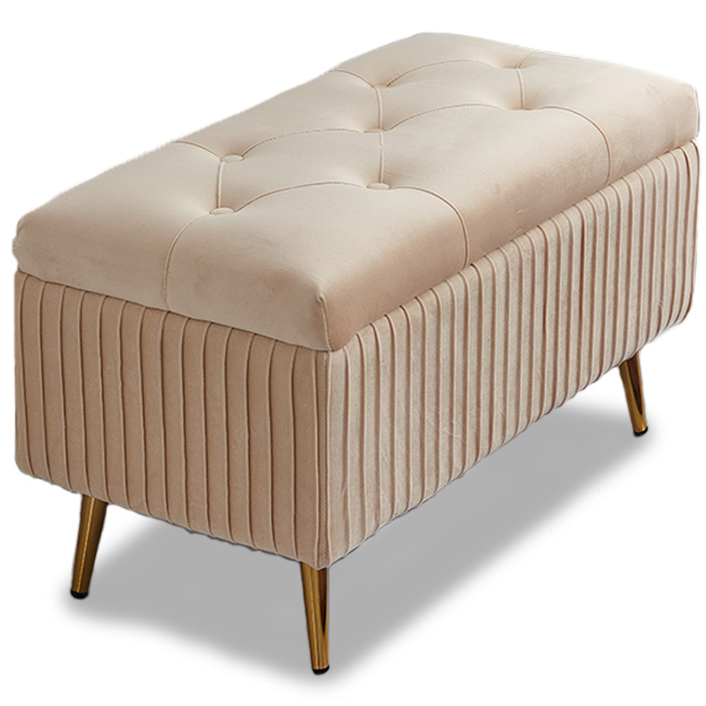 Image of Bakaji Pouf Storage Stool Bench Container Footrest Bedroom Velvet Upholstery Rectangular Soft Storage Ottoman Openable Filling Wooden Structure