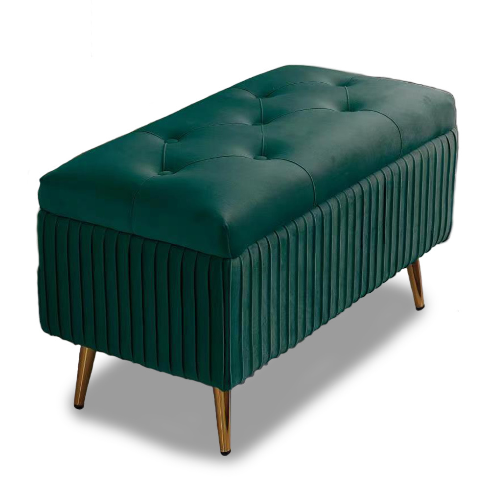Bakaji Pouf Storage Stool Bench Container Footrest Bedroom Velvet Upholstery Rectangular Soft Storage Ottoman Openable Filling Wooden Structure