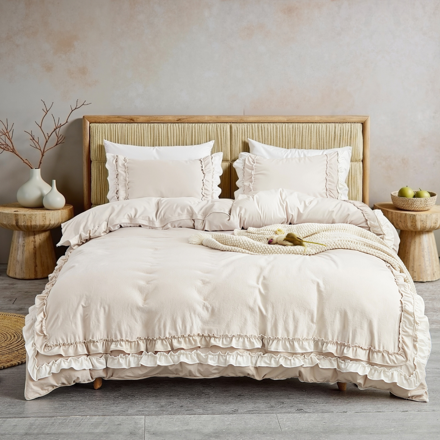 Image of Beige Pink Romantic Bedding Set Women Girls Soft Microfiber Bed Sheet With Double Layer Ruffles Aesthetic Duvet Cover With Zipper And Pillowcase