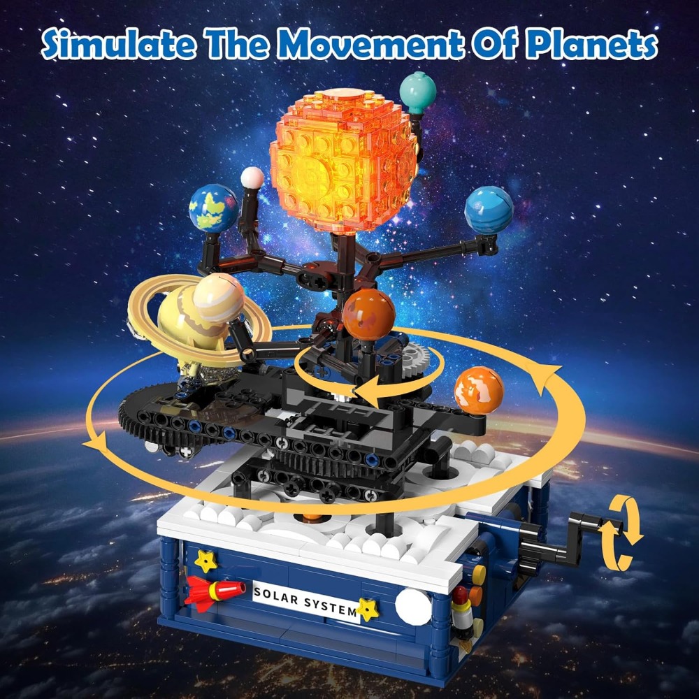 TEMU Solar System Building Block Toy With Rotating Handle 8 Planets Rocket Stand Design