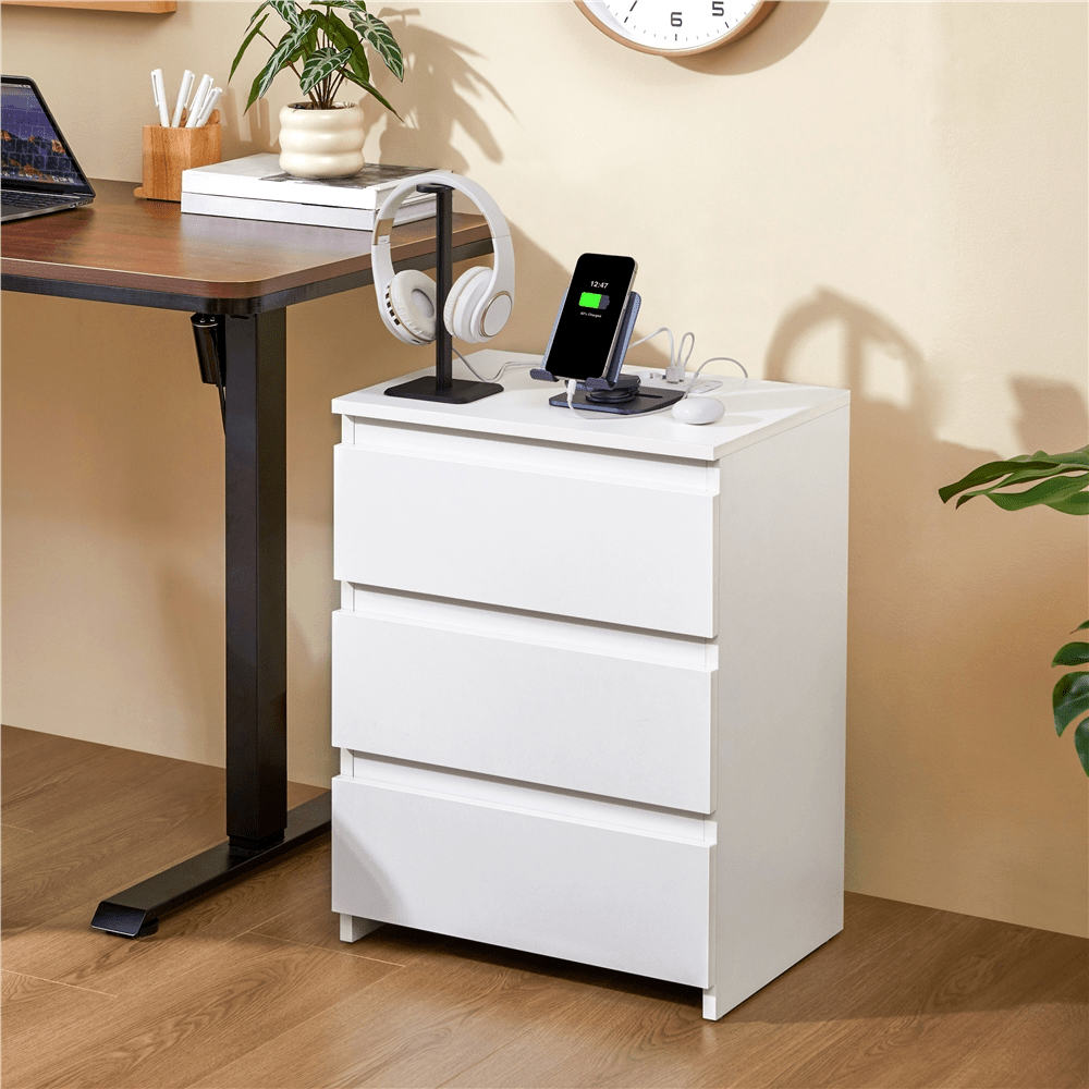 TEMU Costoffs End Table With Charging Station, 3-drawer Nightstand, Simple Drawer Cabinet, Sofa Table