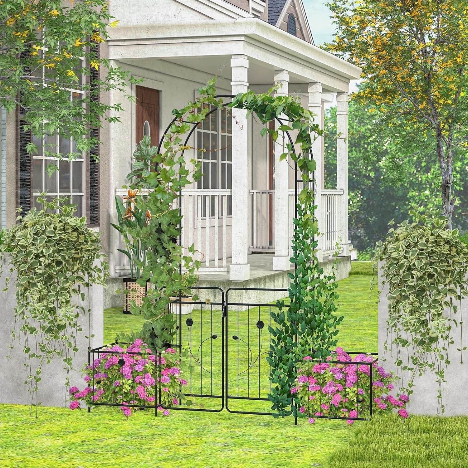 Rose Arch With Door, Metal Garden Arch, Gate Arch With 2 Planters, Trellis Arch For Climbing Plants, Plant Support Trellis, Rose Trellis For Weddings, Parties, Garden, Black, 202 X 50 X 220cm