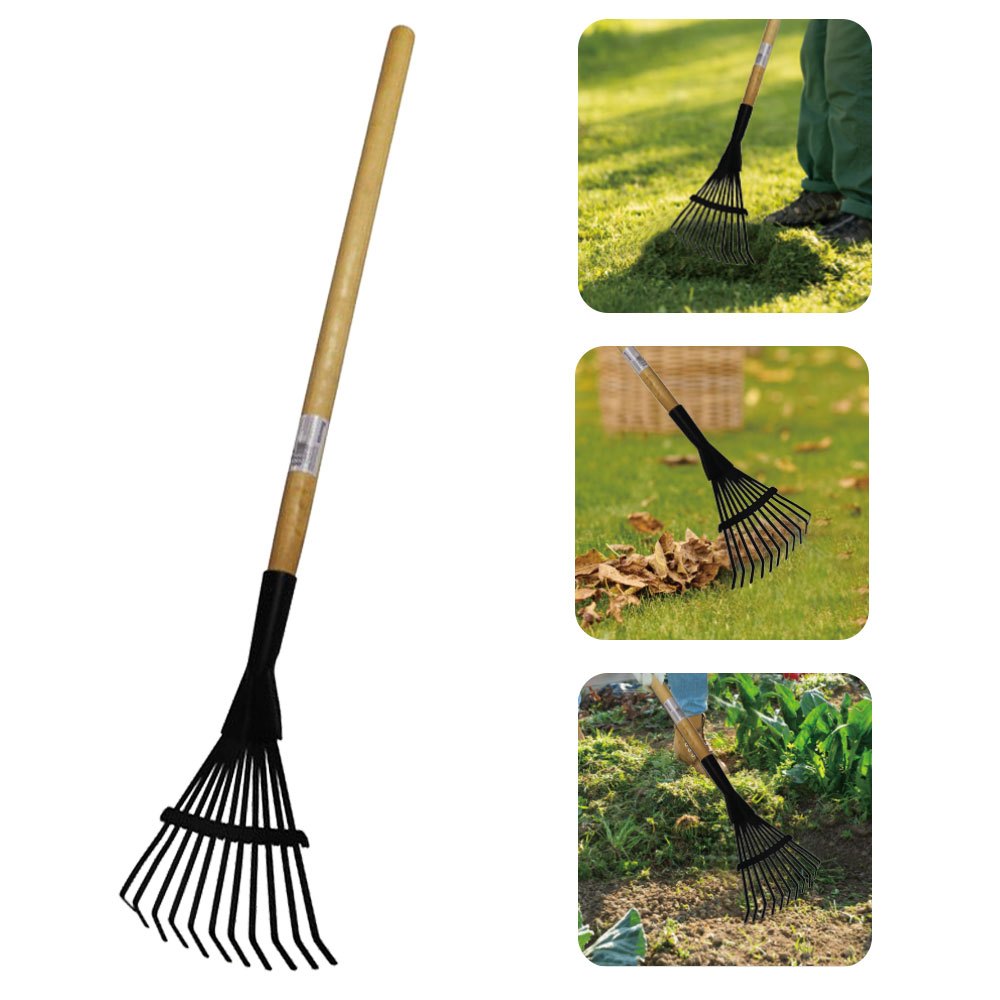 TEMU Lawn Rake With Wooden Handle, Dead Leaves Rake, Lawn Wire Rake, Garden Rake, Gardening Tool, Suitable For Sweeping Leaves, Black