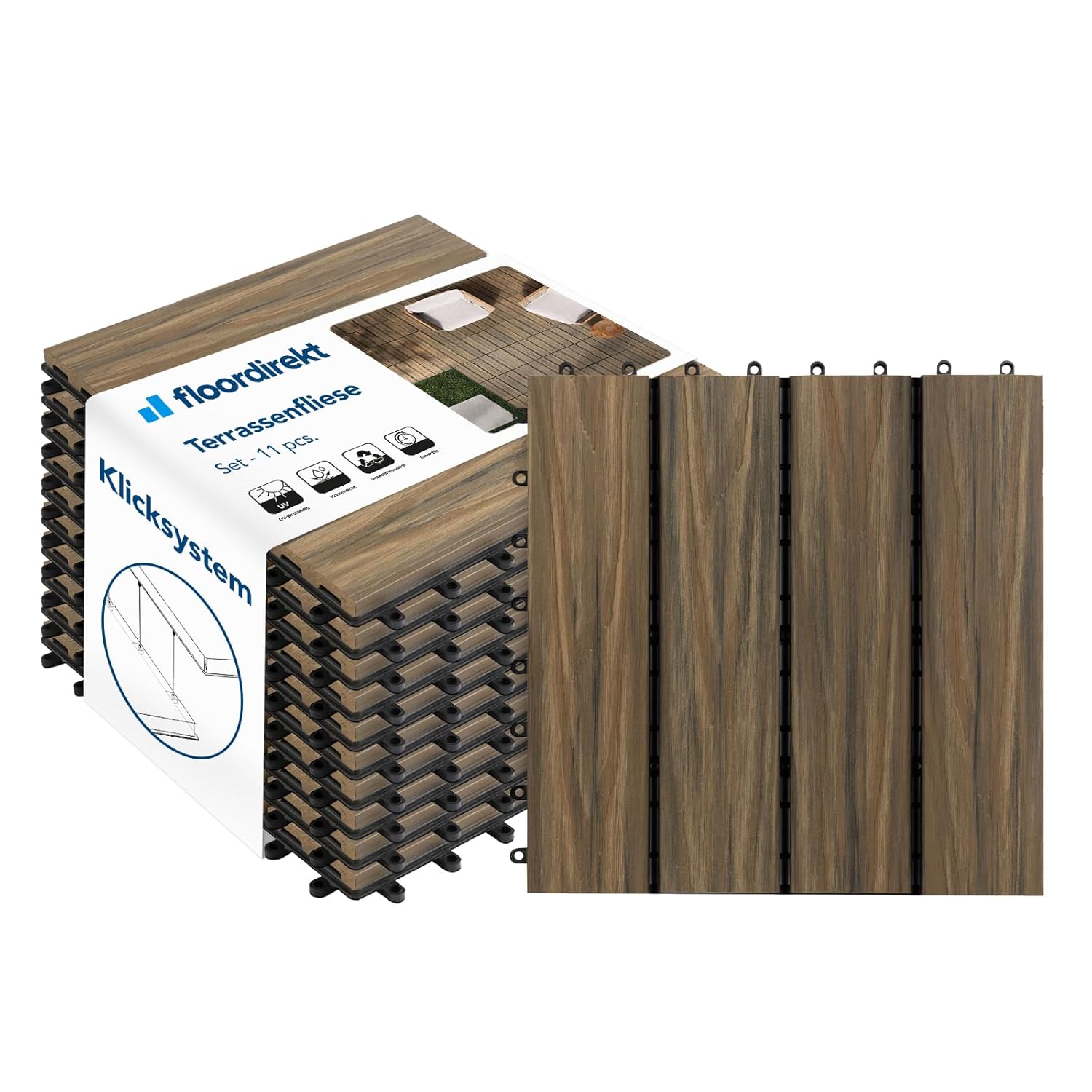 E-shop Floordirekt WPC Terrassenfliesen Mix Teak mit Klicksystem – Wetterfeste Balkon und Terrassenfliesen für Außenbereich, Drainagefunktion, 30x30cm,