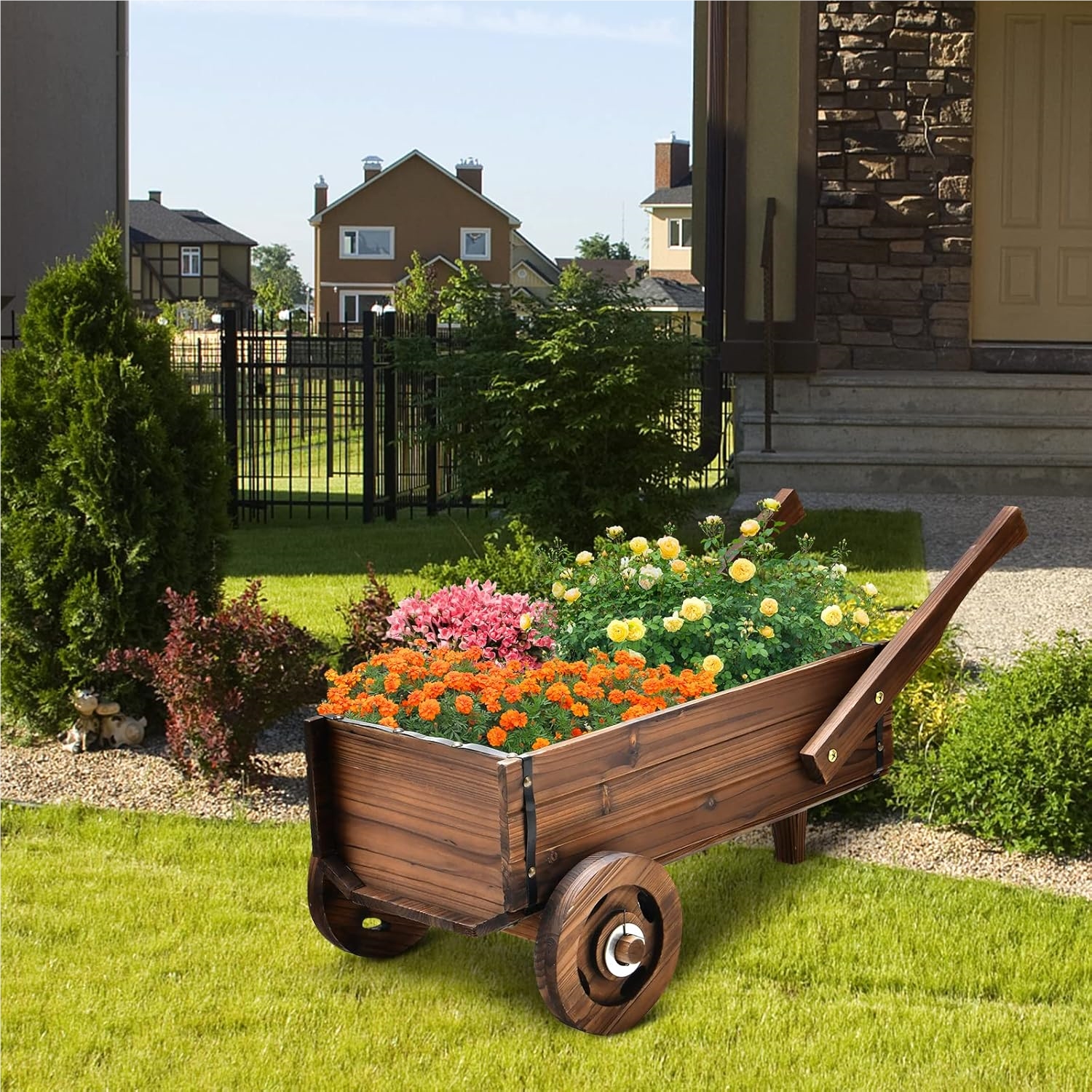 Image of Wooden Flower Cart, Plant Cart With Wheels And Handles, Flower With Drain Hole, Planter Handcart, Garden Decor Wheelbarrow, Rustic Plant Cart For , Brown