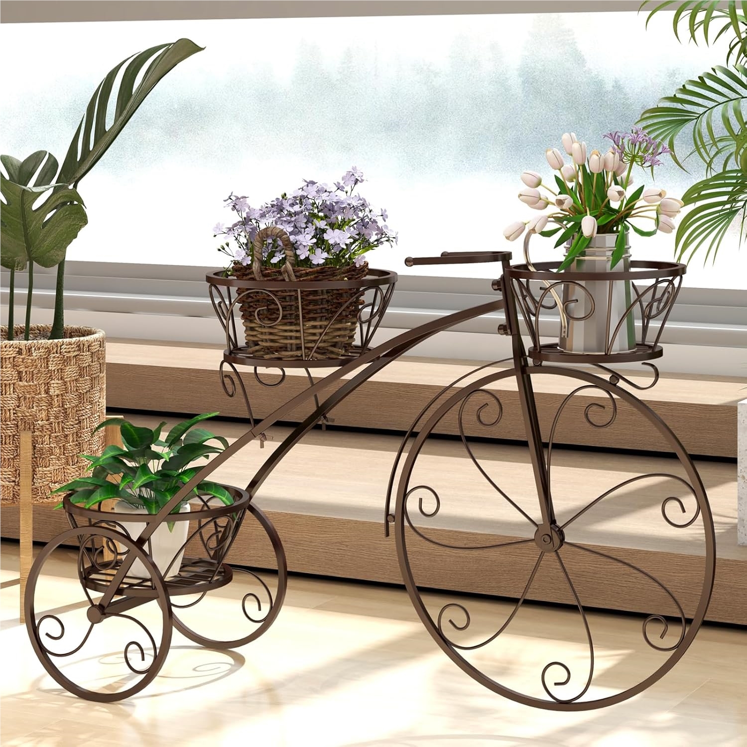 Image of Metal Plant Stand, Bike - Design, Flower Shelf With 3 Baskets, Flower Stand With Decorative Wheels, Plant Shelf Retro, For Terrace, Garden, Balcony, Yard (bronze)
