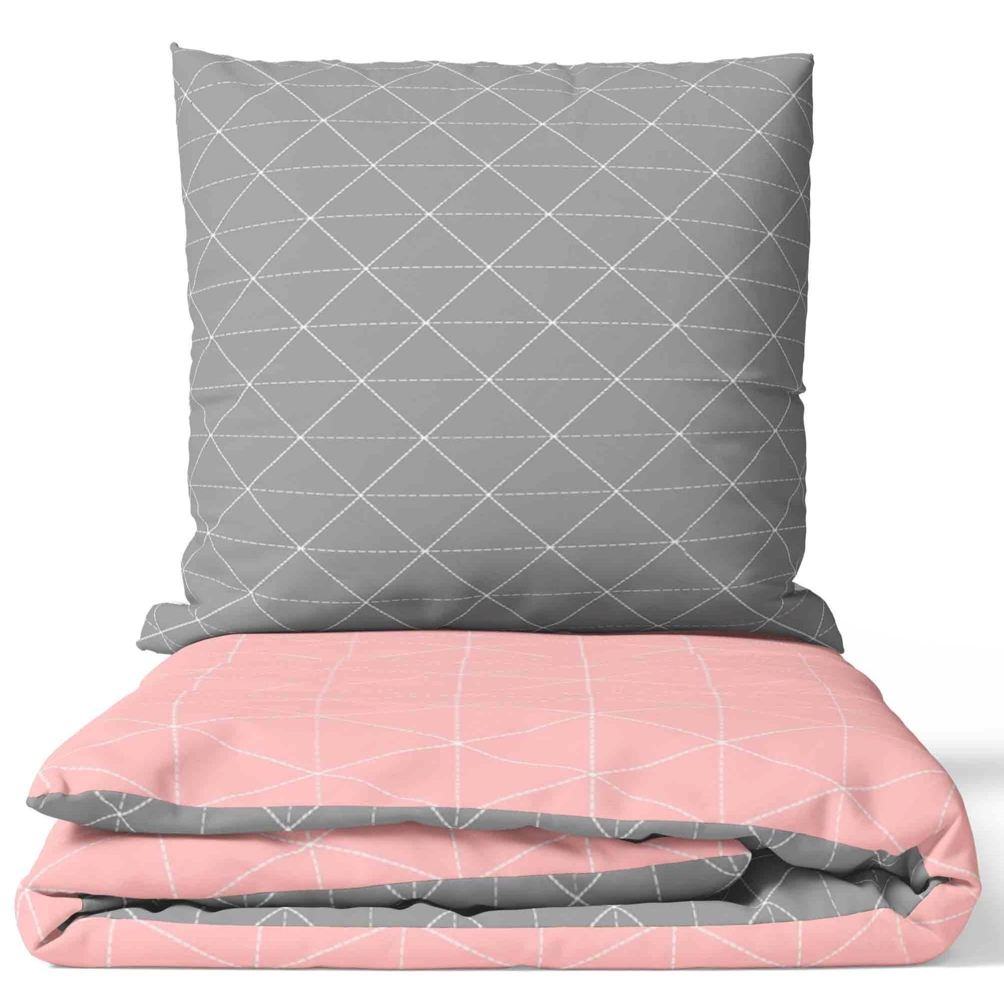 E-shop Bettwäsche Baumwolle Rauten Set Grau Gelb Rosa Modern Kissenbezug 80x80 cm mit Reißverschluss Wendebettwäsche