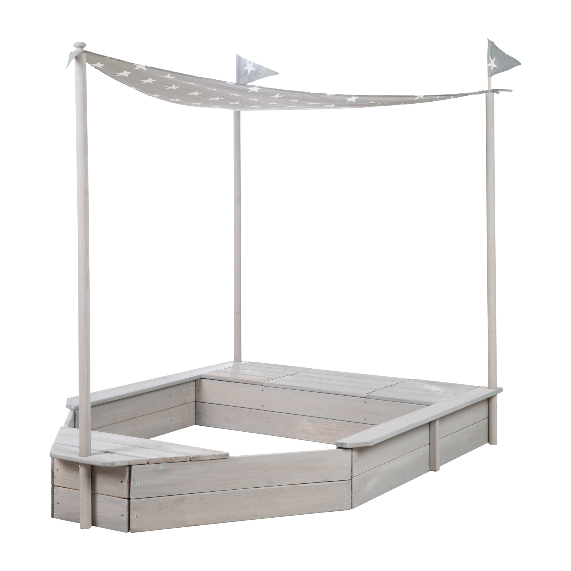 Roba Sandbox Ship, Weatherproof Solid Wood Outdoor Sandbox For Kids With Sun Canopy