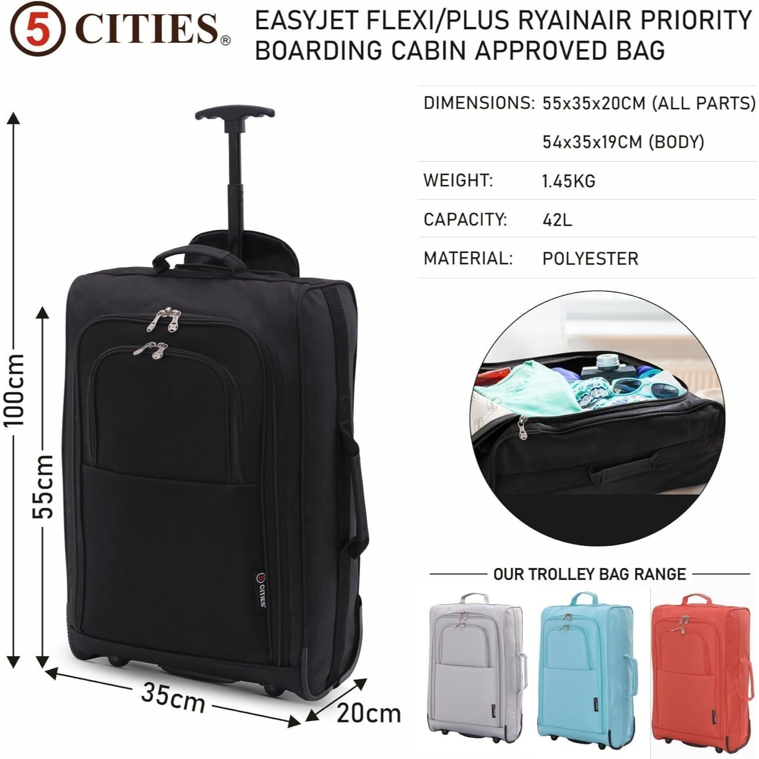 5 Cities 2pcs Cabin Luggage Set with Under Seat Flight Holdall