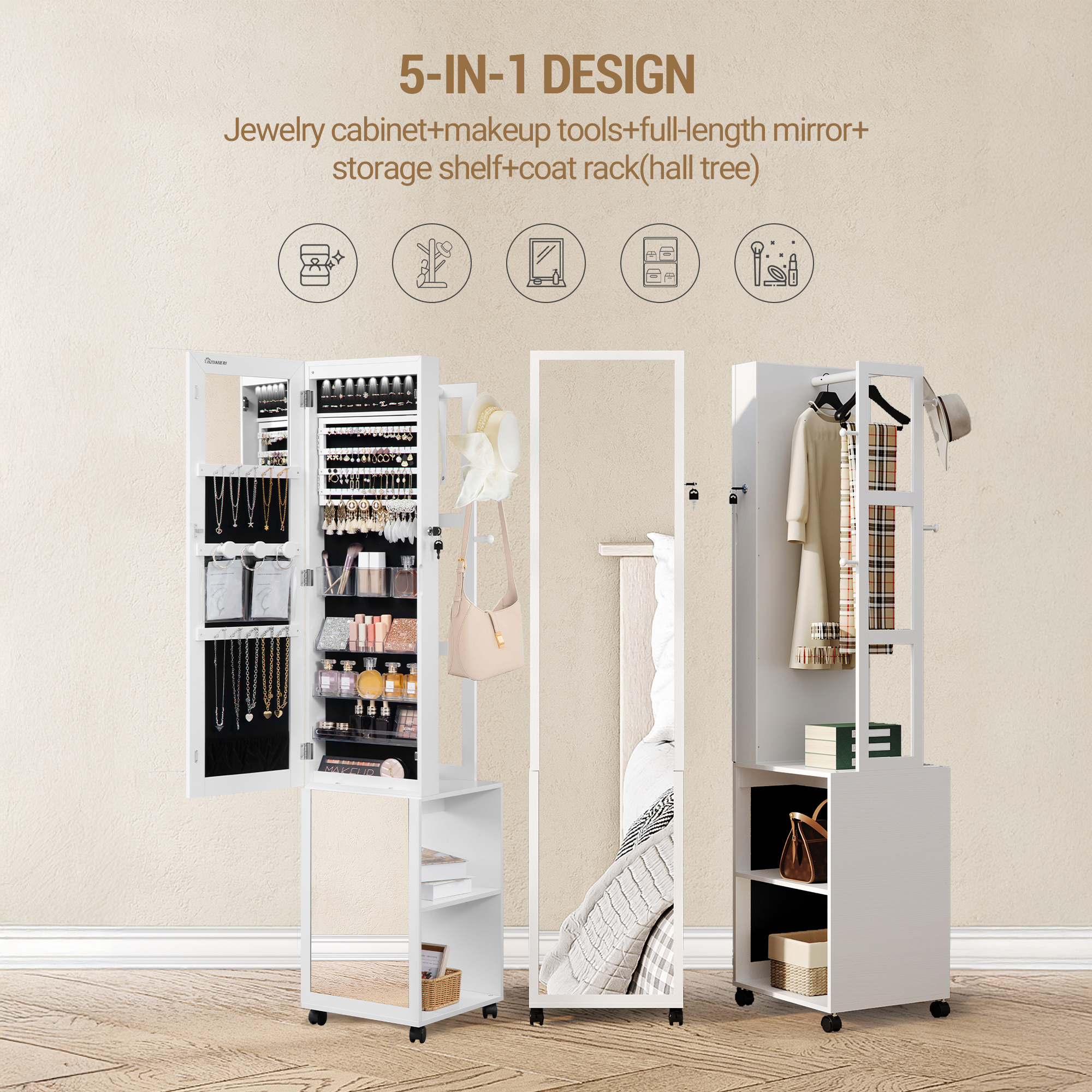 Jewelry Cabinet, Mirror Cabinet, Standing Jewelry Organizer With 1 Clothes Rack, 3-tier Shelves With 4 Coat Hooks