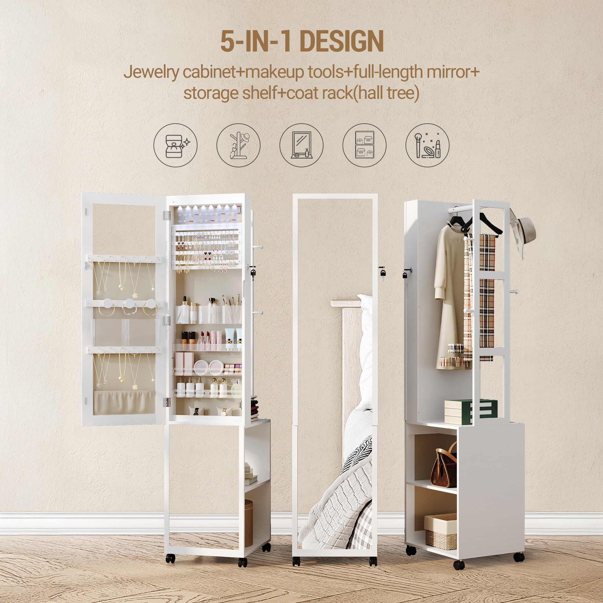 Jewelry Cabinet, Mirror Cabinet, Standing Jewelry Organizer With 1 Clothes Rack, 3-tier Shelves With 4 Coat Hooks