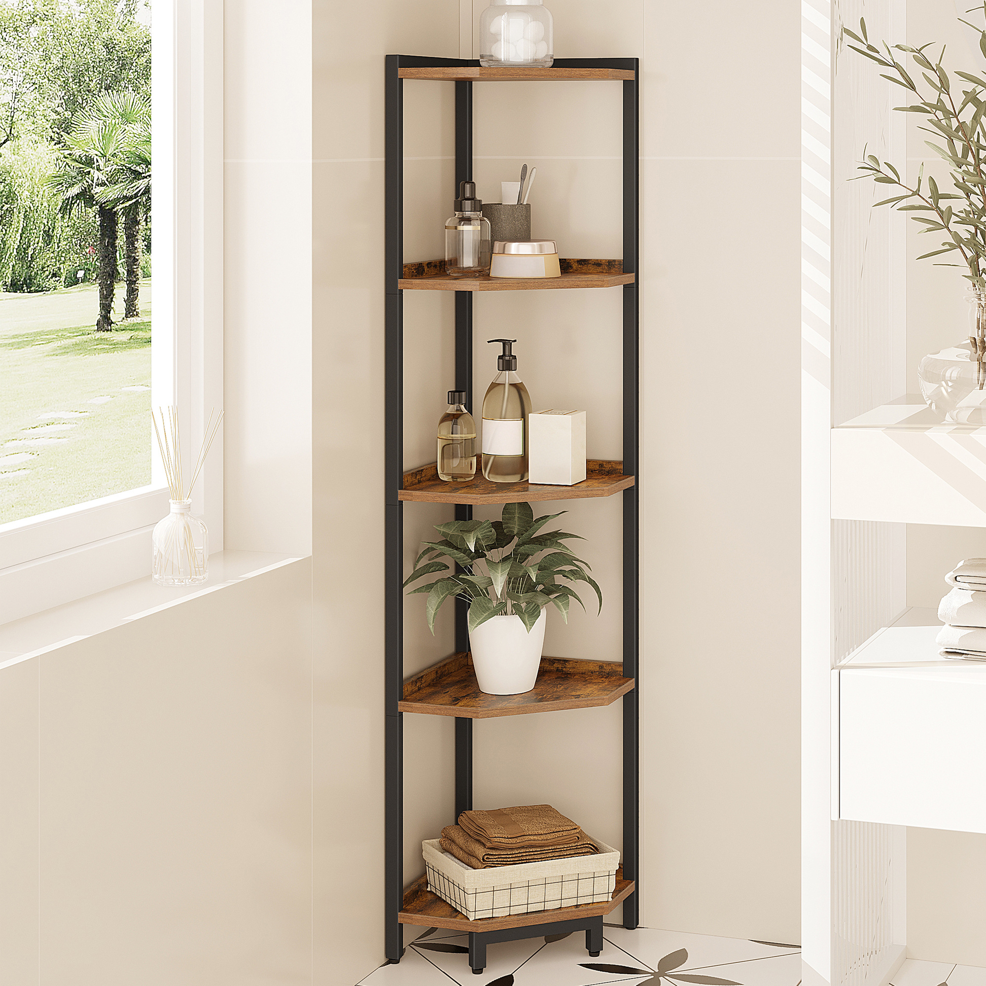 Image of Corner Shelf, 5-tier Bookshelf, Floor Shelf, Storage Shelf, Corner Bookshelf, Suitable For Living Room, Study And Office, 30 X 30 X 136 Cm, -black