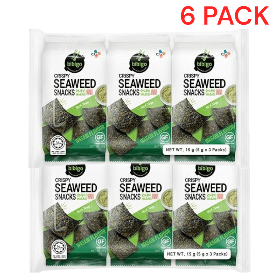 6 Pack Bibigo Crispy Seaweed With Wasabi Flavor 6×5g – Nori Algae Chips – Asian Delicacy – Bibigo Wasabi Seaweed