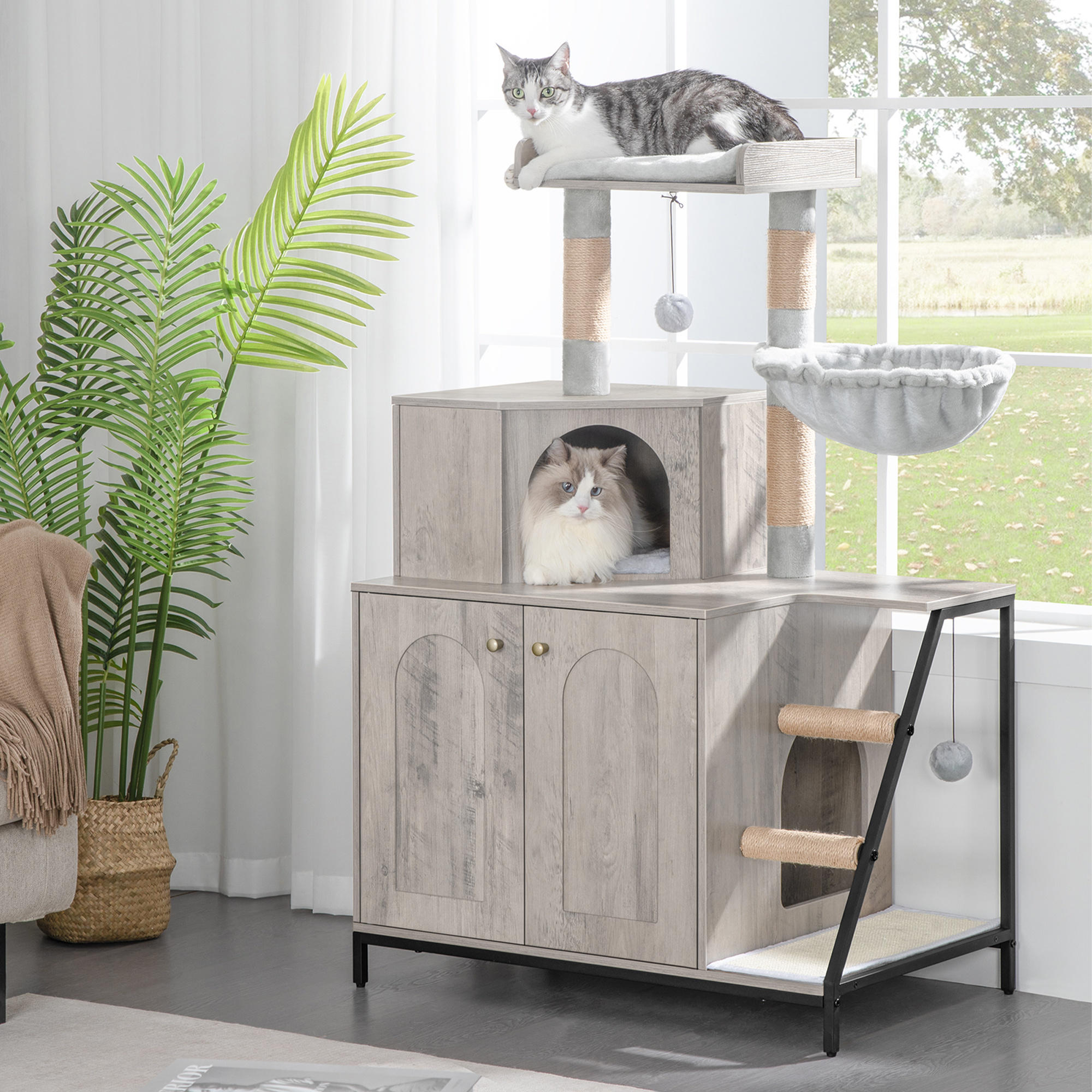 Scratching Tree With Cat Litter Cabinet, Cat Closet, 4-in-1 Modern Cat House With Large Platform, Cat House With Sisal Scratching Mat, Post, Stairs And Pompom, Washable Cushions, Grey, White