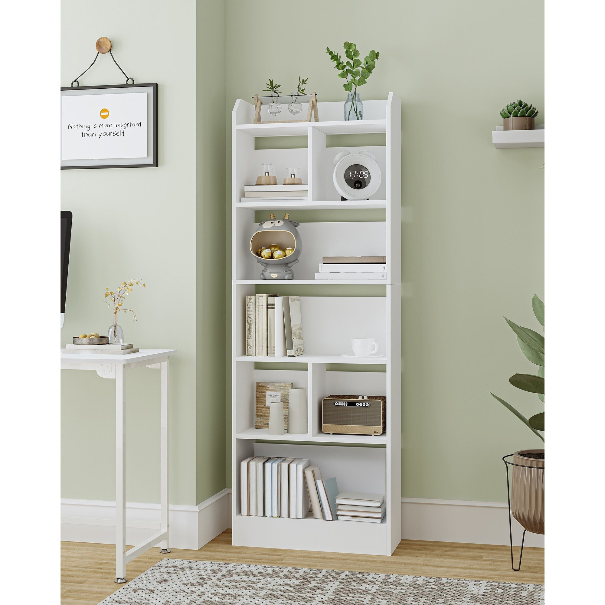 Bookcase, Bookshelf With 6 Compartments, Storage Shelf, Freestanding Shelf For Living Room, Office, Bedroom, Suitable For Storing Clothes, Books, Toiletries, 24 X 60 X 170 Cm, White
