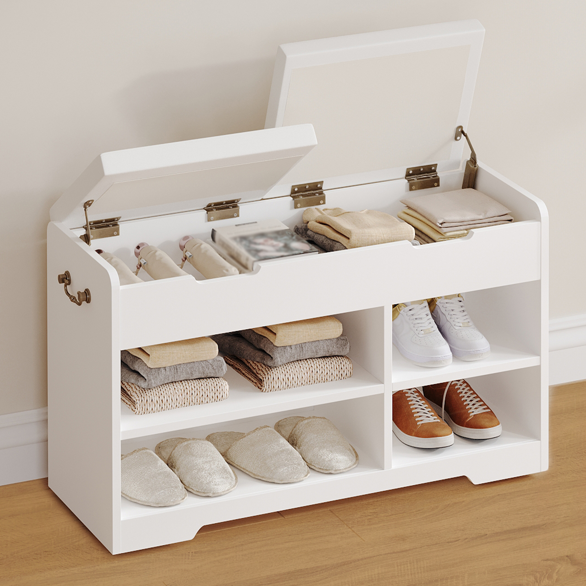 Image of Shoe Bench, Shoe Rack With 2 Padded Shelf Seats, Multifunctional, For Living Room, Hallway, Bedroom, 30 X 80 X 48 Cm, White