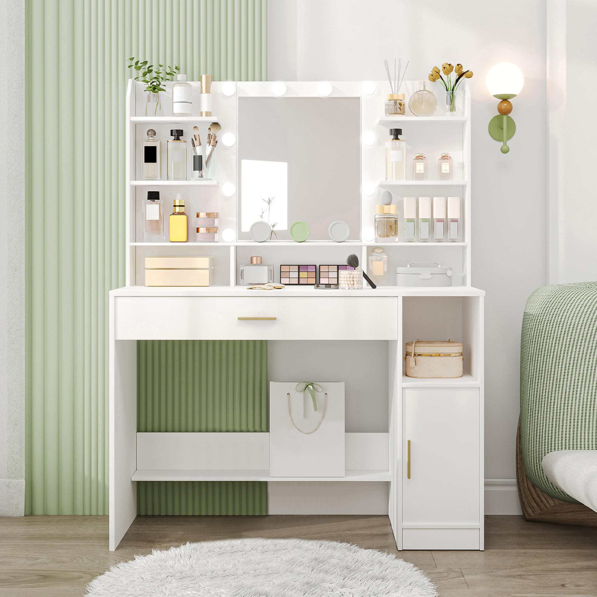 E-shop 108cm Schminktisch, Große Tischplatte mit Spiegel, Einstellbarer Helligkeit, mit Schubladen und Aufbewahrungsschränke, Offene Regale, für