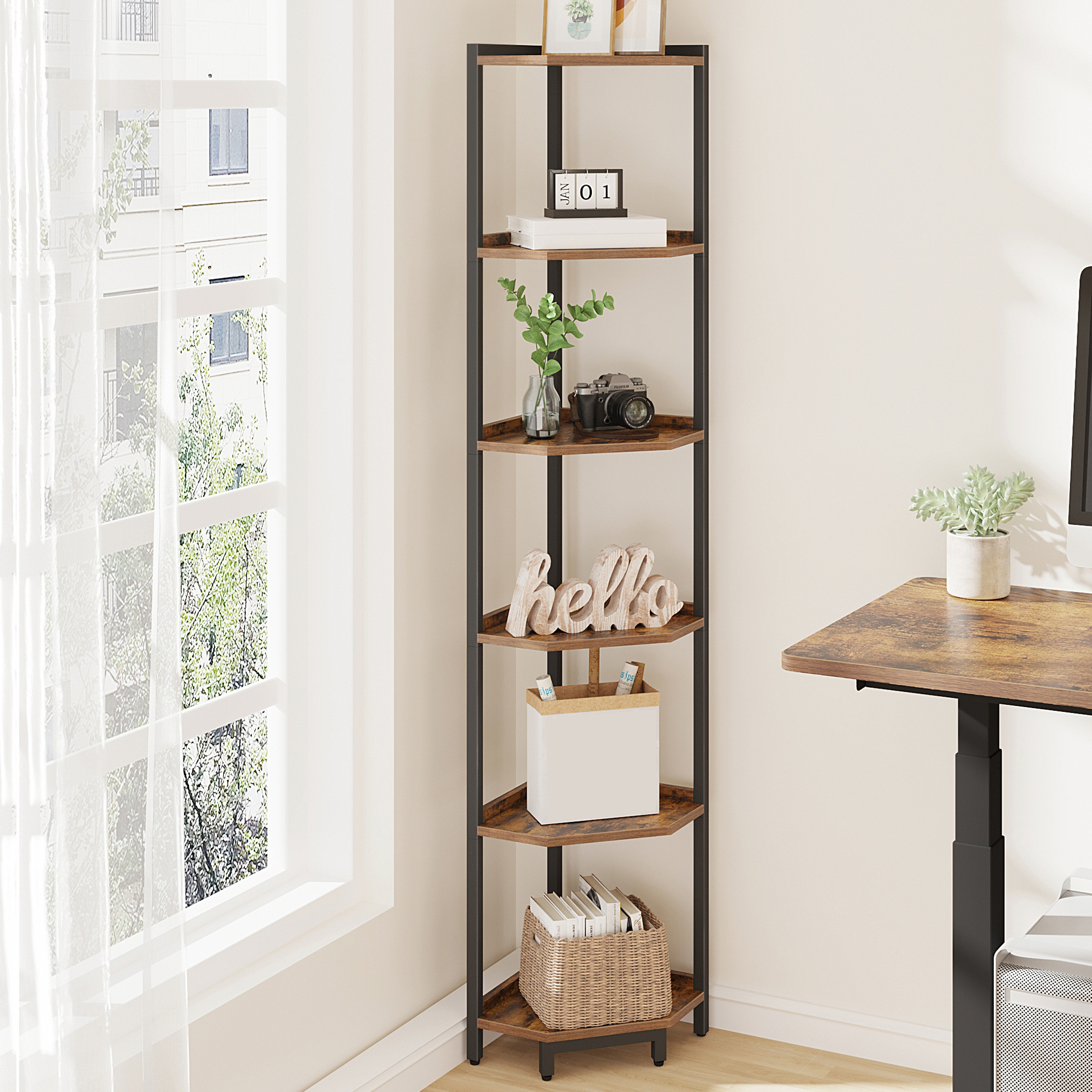 E-shop Eckregal, 6-stöckiges Bücherregal, Standregal, Lagerregal, Eck-Bücherregal, Geeignet für Wohnzimmer, Arbeitszimmer und Büro, 30 x 30 x 167,5 cm,