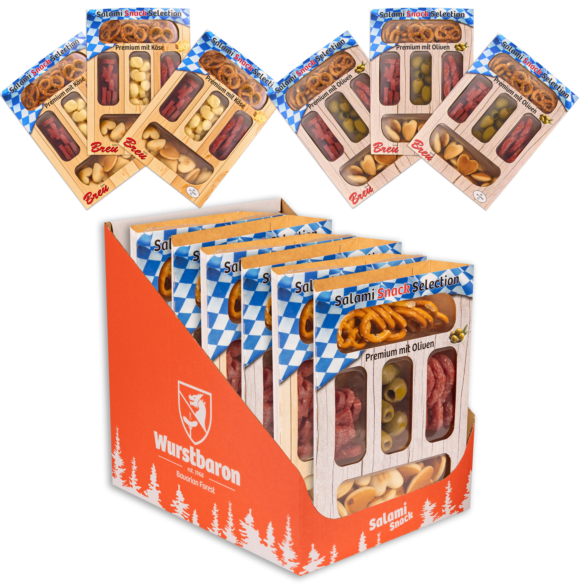 Image of Premium Selection Of 6 Wurstbaron® Salami Snacks - 3× Olive & 3× Cheese Each 80g - Savory Salami, Pretzels, Green Olives & Popped Emmental Cheese - Perfect Snack For On The Go & Parties