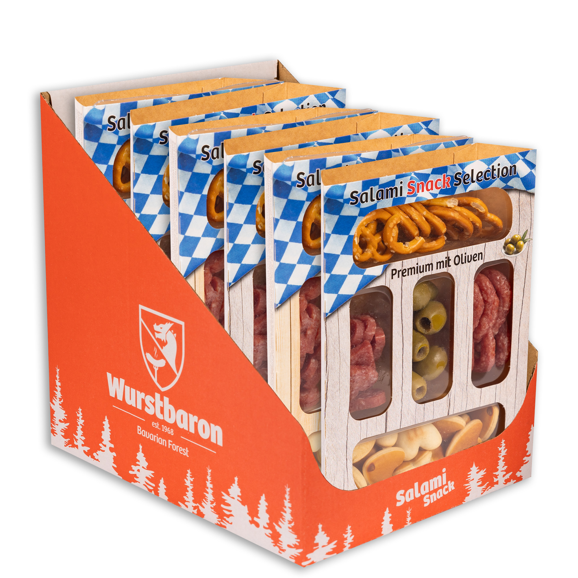 E-shop WURSTBARON® Salami Snack Selection Premium Olive – 6er Set à 80 g – Herzhaftes Salami-Gebäck mit grünen Oliven – Perfekter Snack für unterwegs &
