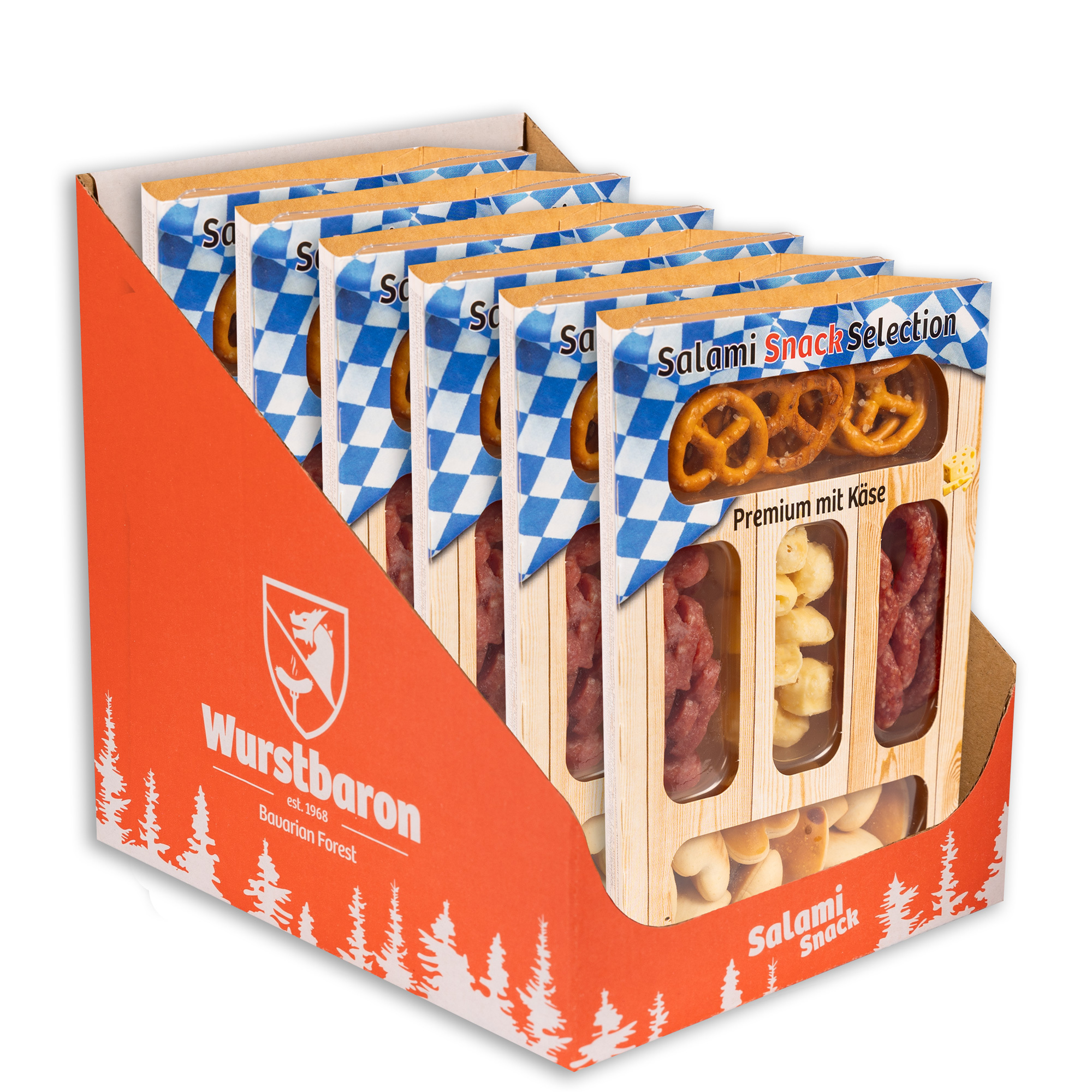 E-shop WURSTBARON® Salami Snack Selection Premium mit Käse – 6er Set à 80 g – Herzhafte Salami, Laugengebäck & gepoppter Käse – Perfekter Snack für