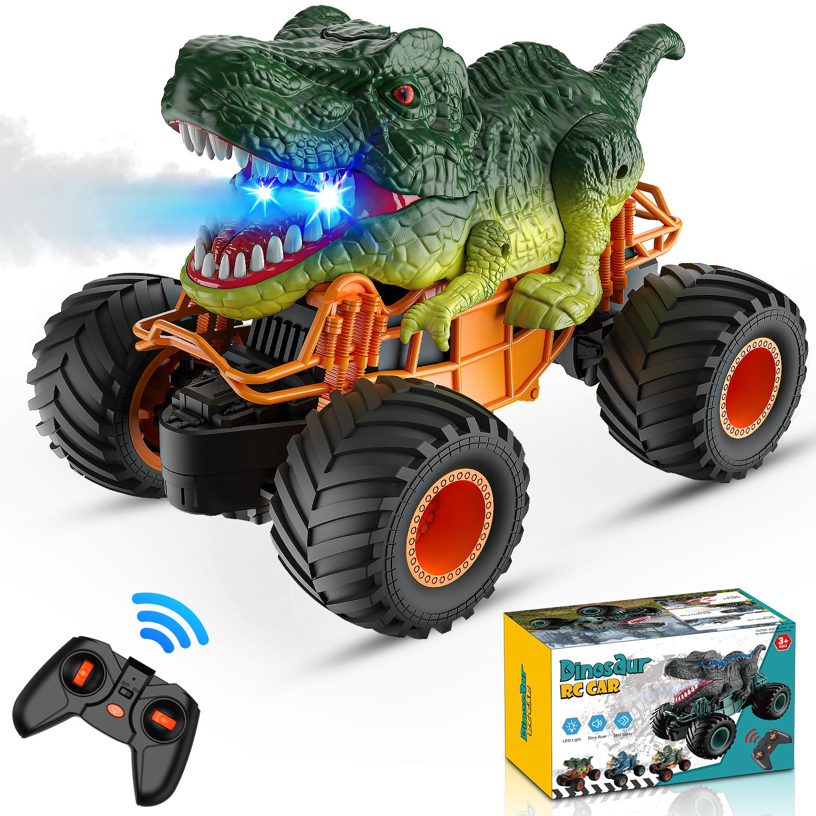 TEMU Dinosaur Remote Control Cars For Kids, 1:16 Scale Monster Truck Toys With Spray Led Lights, 2.4ghz Rc Toys, Kids Toys Gifts For 3-8 Year Old Boy