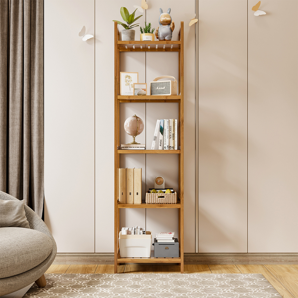 TEMU 5-tier Bamboo Wooden Storage Shelf, Simple Assembly Bookcase, Books, Decor, Or Plants, Rooms Or Small Spaces, No Electricity Or Battery Needed,