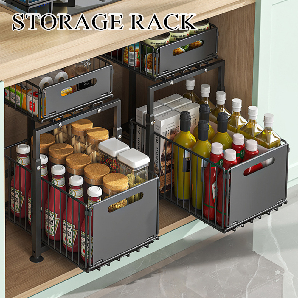 Double Layer Metal Pull-out Drawer Organizer Suitable for Kitchens, Bathrooms, and Offices