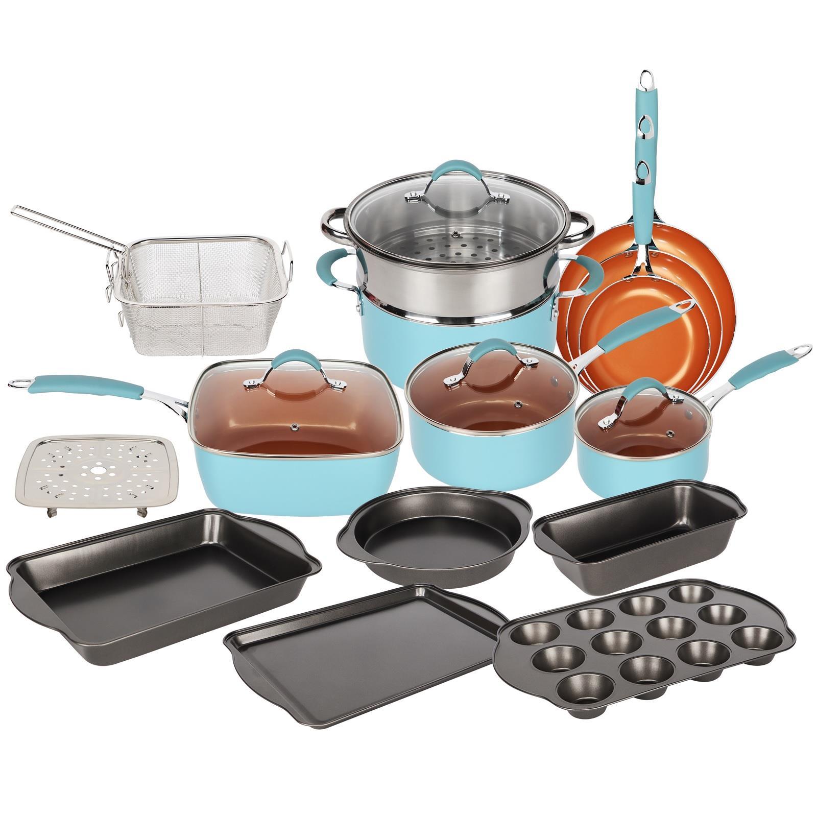 TEMU Blue And Copper Induction 19pcs Cookware Set Non Stick Pan Saucepan Bakeware