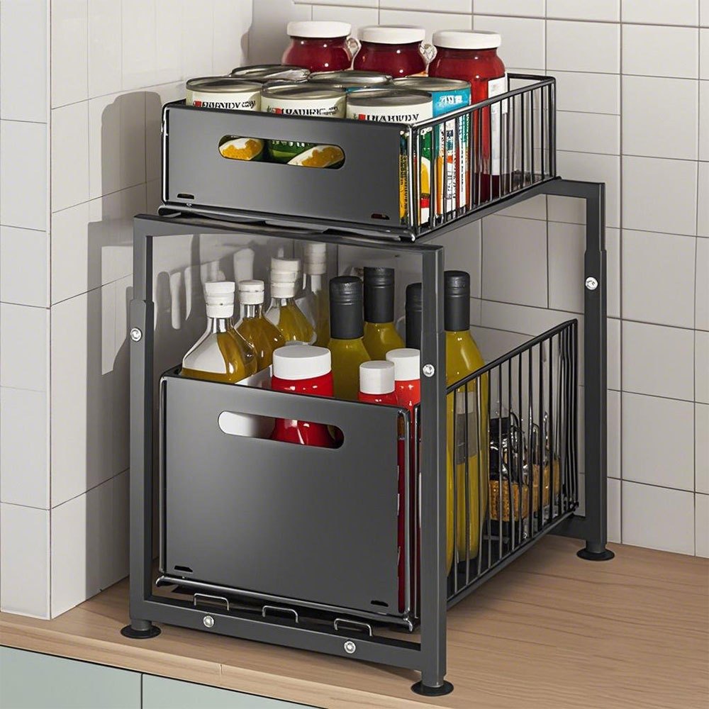 Double Layer Metal Pull-out Drawer Organizer Suitable for Kitchens, Bathrooms, and Offices