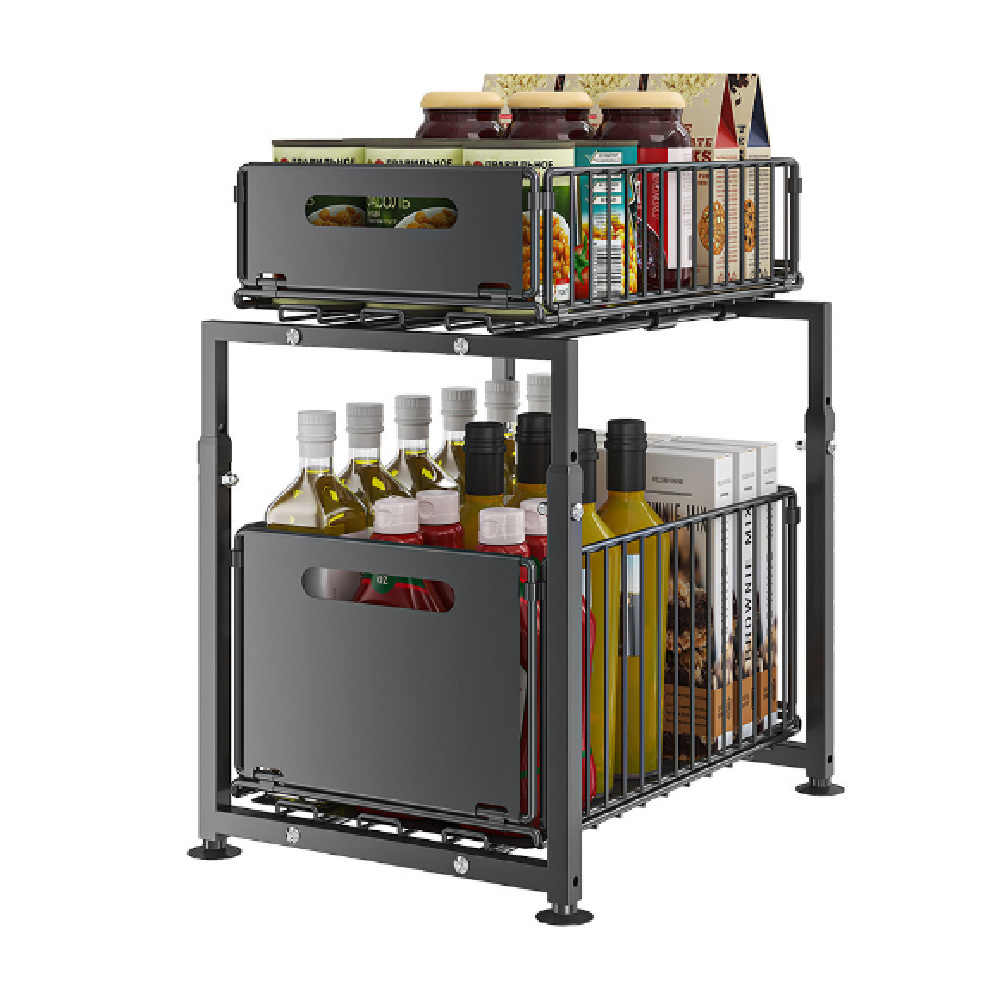 Double Layer Metal Pull-out Drawer Organizer Suitable for Kitchens, Bathrooms, and Offices