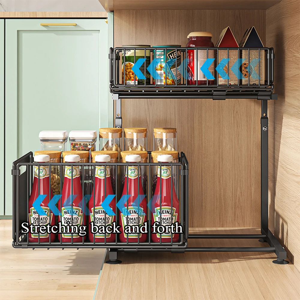 Double Layer Metal Pull-out Drawer Organizer Suitable for Kitchens, Bathrooms, and Offices