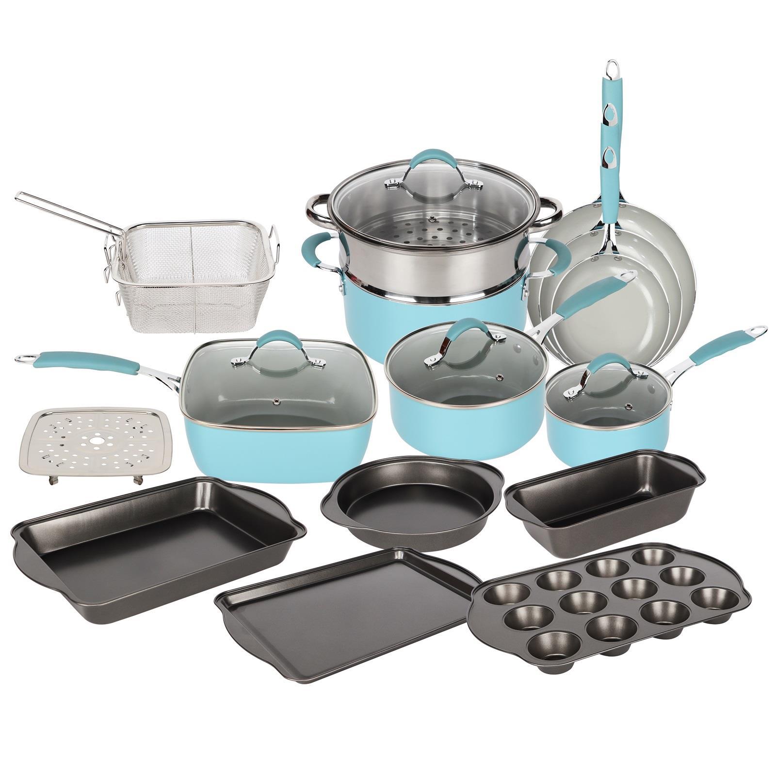 TEMU Blue And Grey Induction 19 Pcs Cookware Set Non Stick Pan Saucepan Bakeware