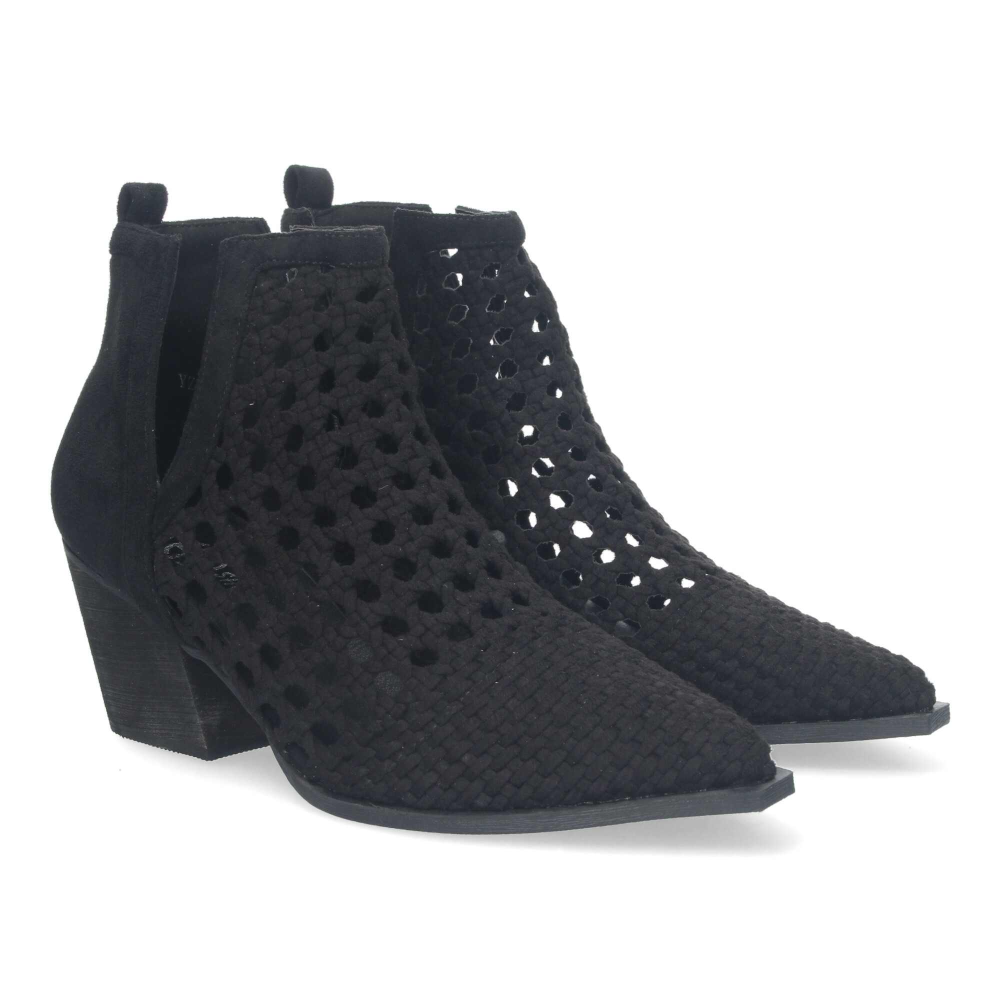Elegant Women's Ankle Boot With Heel, Openwork Design With Braided Straps, Pointed Toe, And Open On Sides For Added