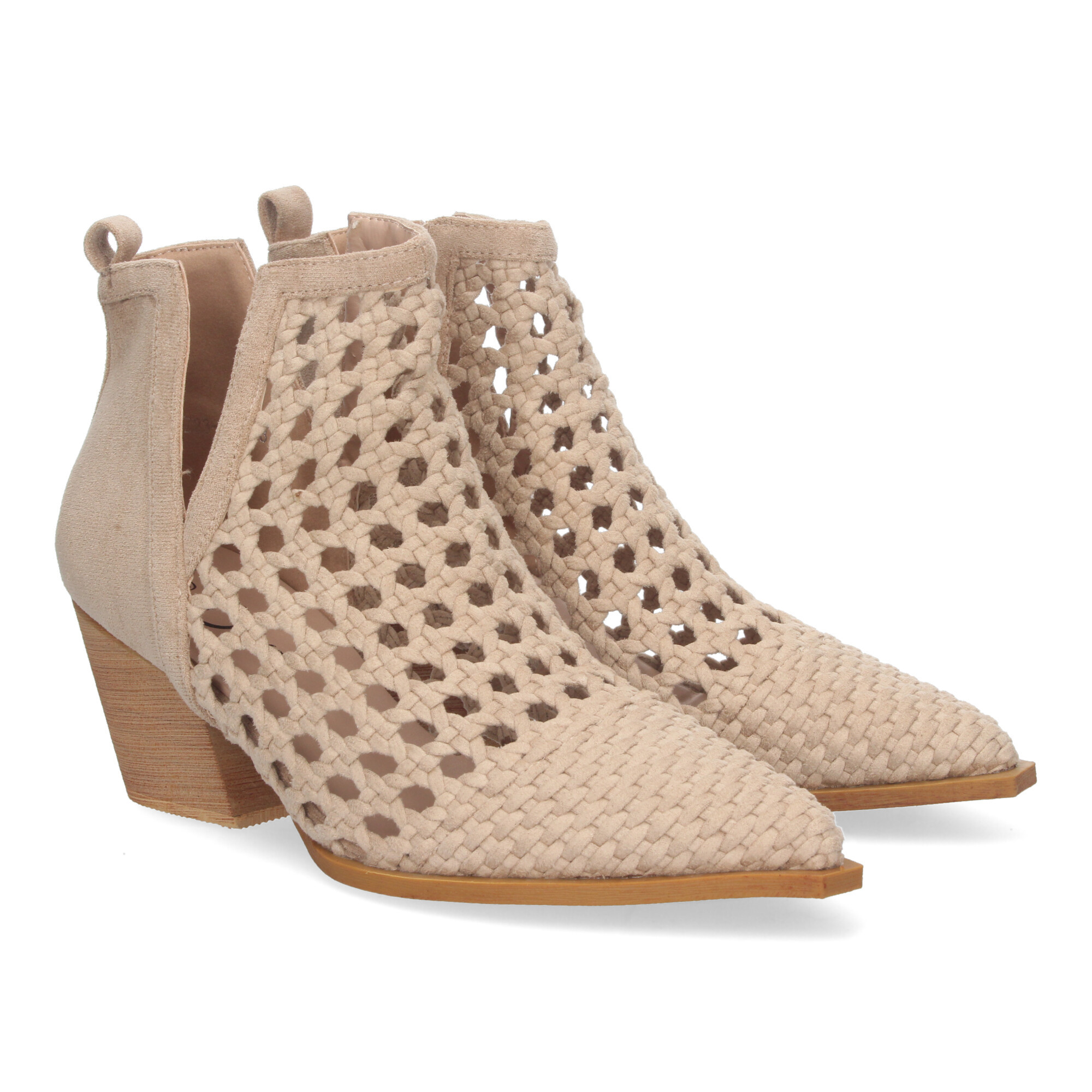 Image of Elegant Women's Ankle Boot With Heel, Openwork Design With Braided Straps, Pointed Toe, And Open On Sides For Added