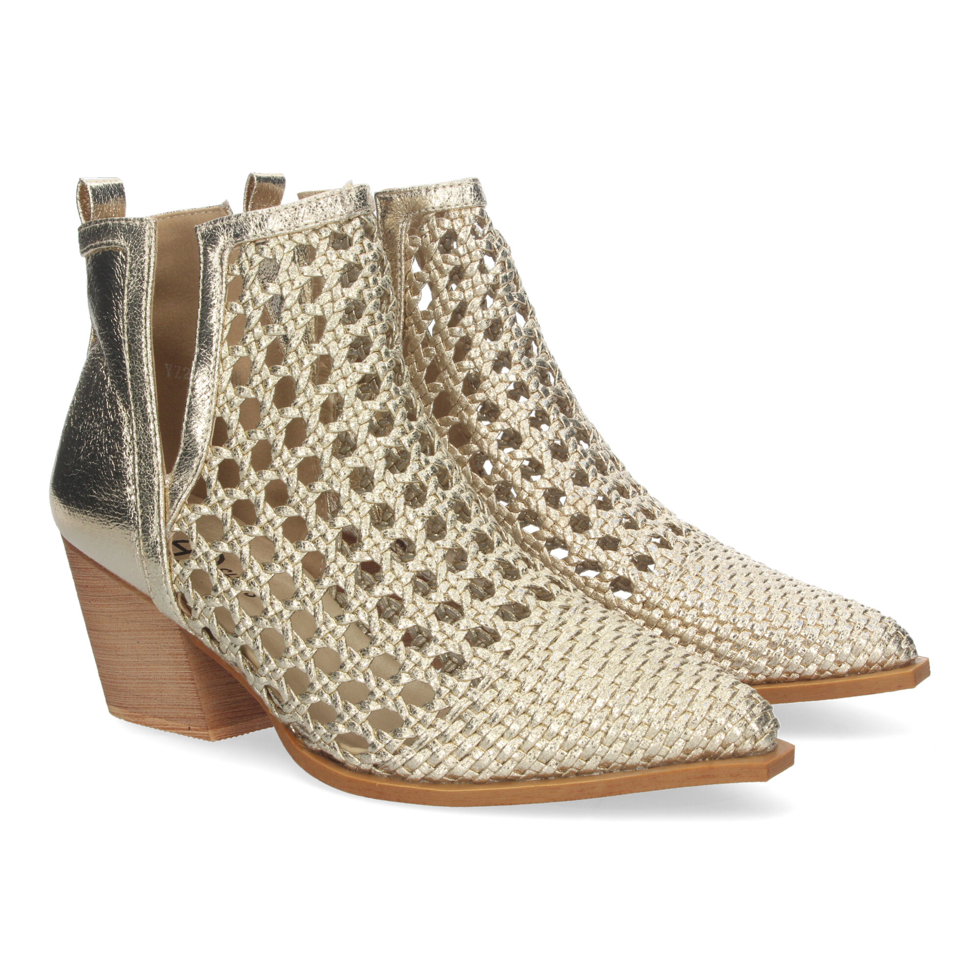 Elegant Women's Ankle Boot With Heel, Openwork Design With Braided Straps, Pointed Toe, And Open On Sides For Added
