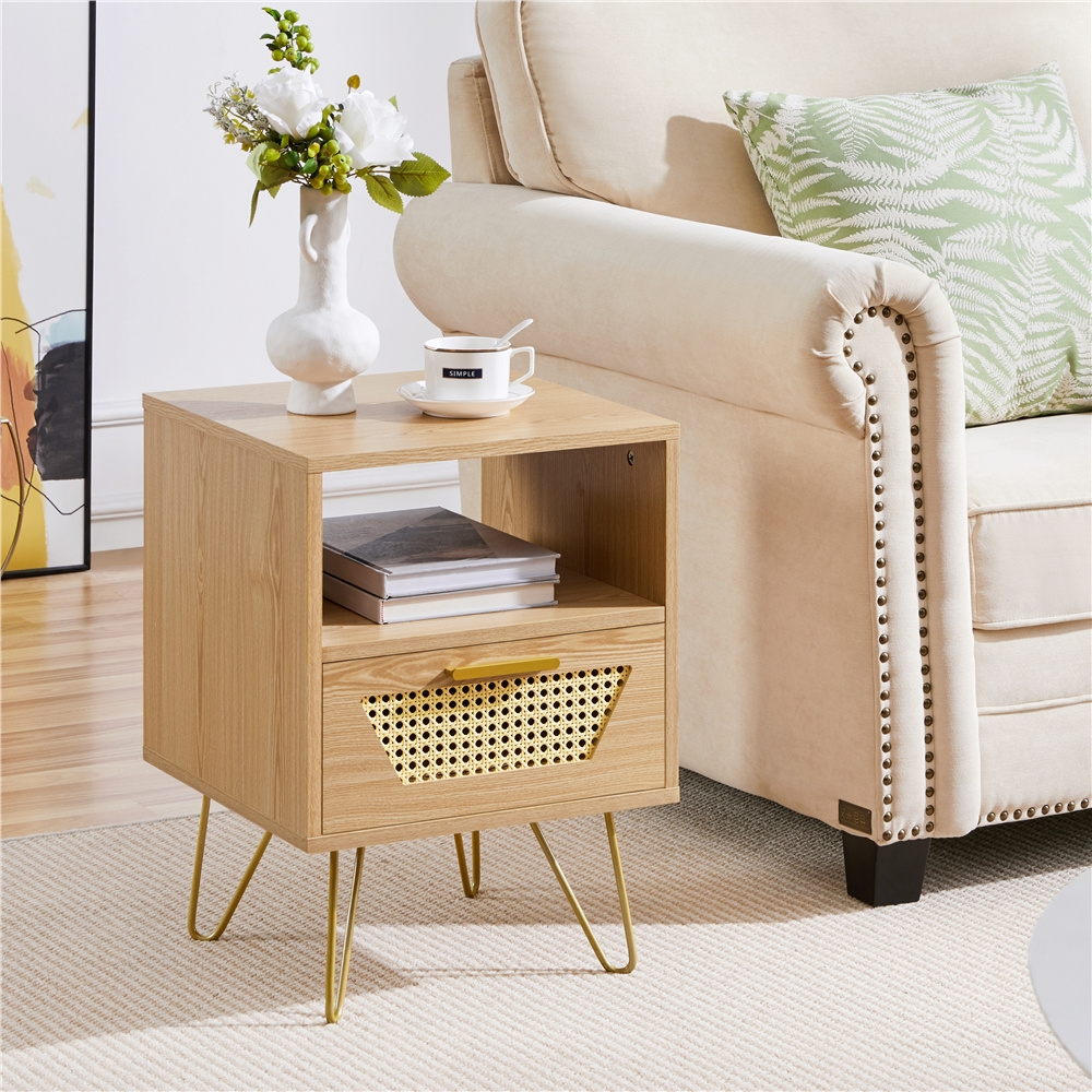 Image of Costoffs Rattan Side Table Nightstand With 1 Open Shelf & 1 Drawer, Metal Legs Sofa Table Nightstand For Living Room Bedroom