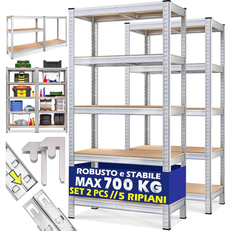 TEMU Bakaji Set 2 X Shelf Door Object 5 Tiers In Galvanized Metal, Sturdy Large Capacity Shelf For Warehouse, Garage Shelving For Heavy In Wood And
