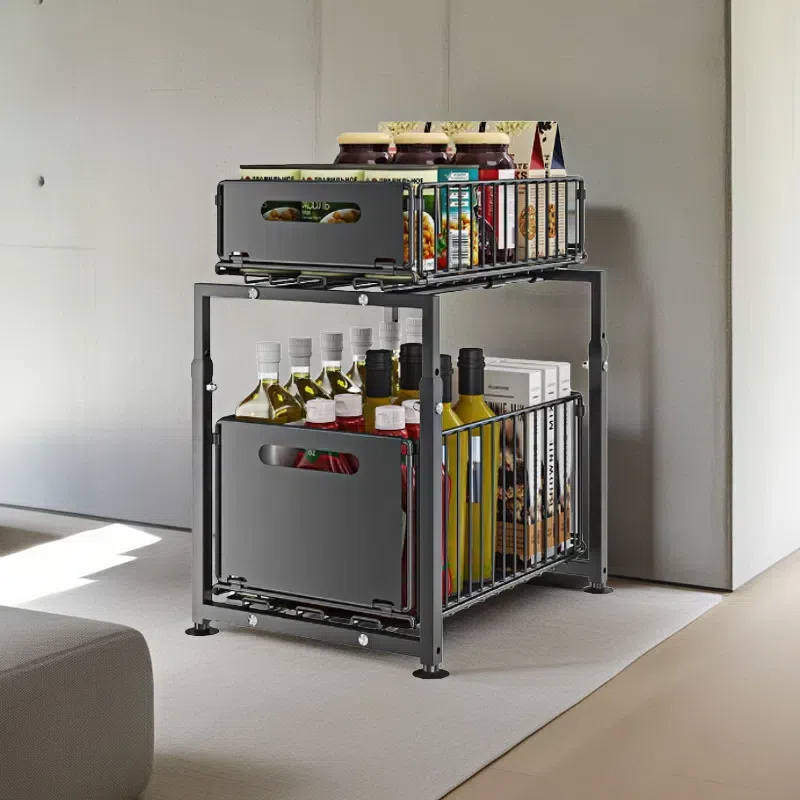 Double Layer Metal Pull-out Drawer Organizer Suitable for Kitchens, Bathrooms, and Offices