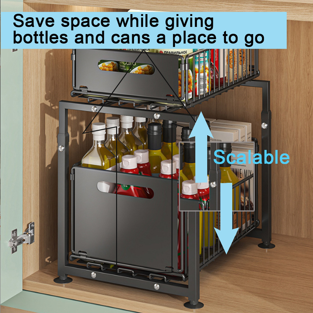 Double Layer Metal Pull-out Drawer Organizer Suitable for Kitchens, Bathrooms, and Offices